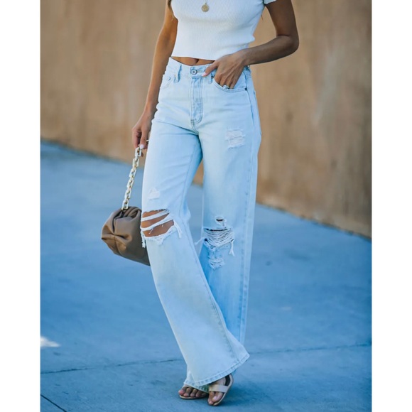 Kancan || Ultra High Waist Y2K 90s Light Washed Distressed Wide Leg - Picture 2 of 12